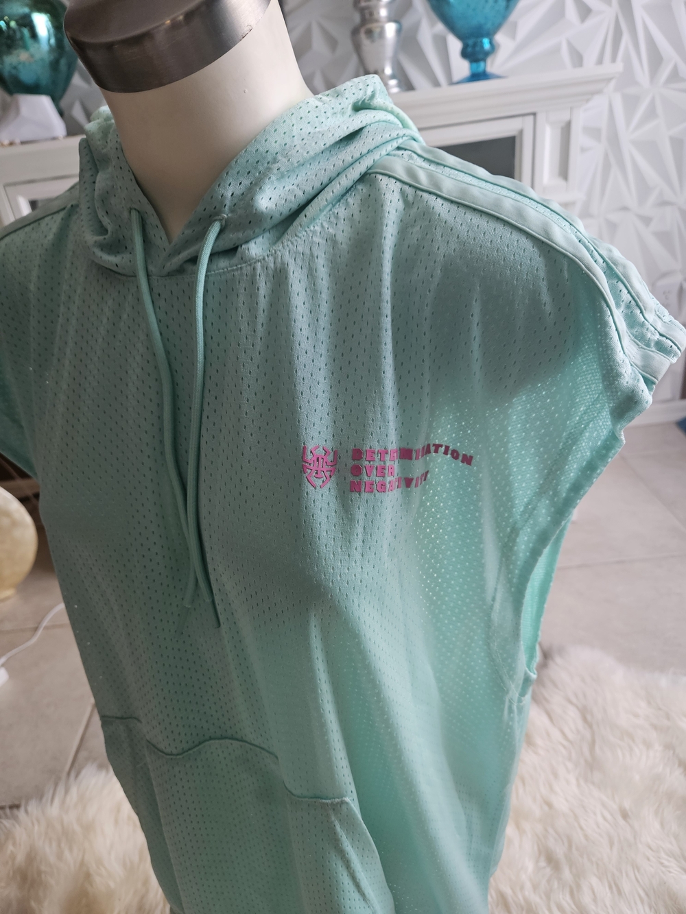 adidas Men Mint Sleeveless Mesh Hoodie with Pink Logo